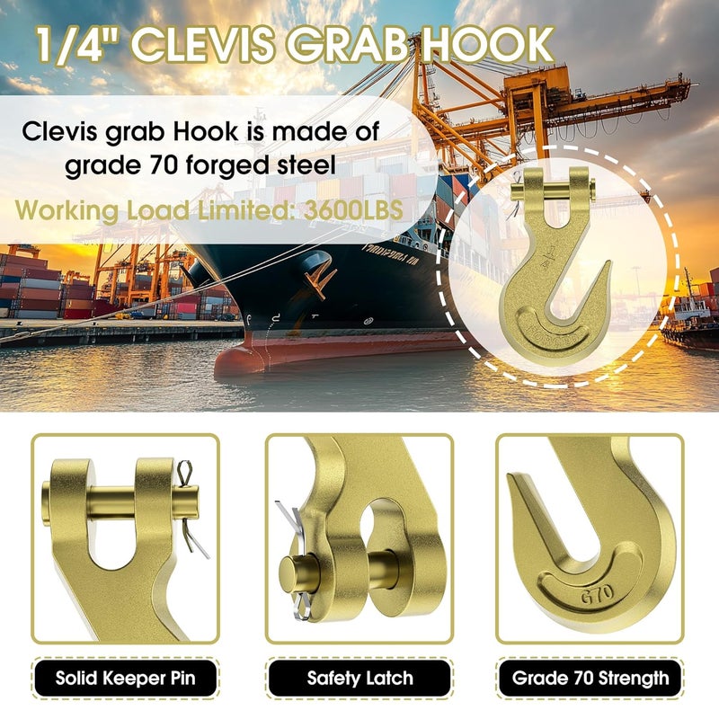 AODESTINY 1/4" Heavy Duty Chain Hook, 4 Pack Clevis Grab Hook for 1/4" Grade 70 Transport Chain, 3600LBS Load Capacity for Truck Trailer Tow Chain Transport Heavy Load - Image 5